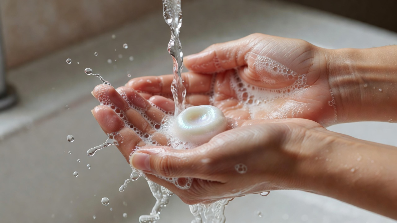 Close-up of a small amount of gentle cleanser being rinsed from hands with running water