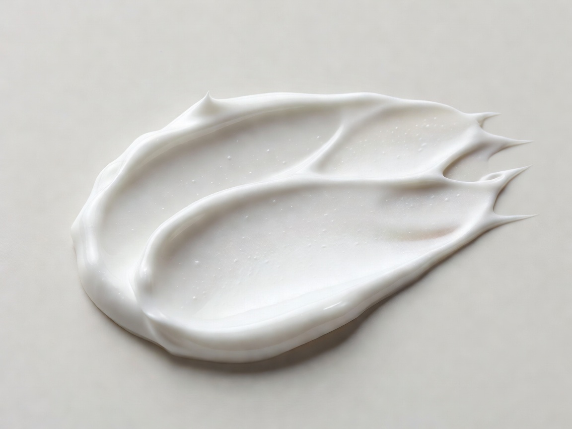 Macro photograph of white moisturiser forming smooth peaks as it spreads across a neutral surface