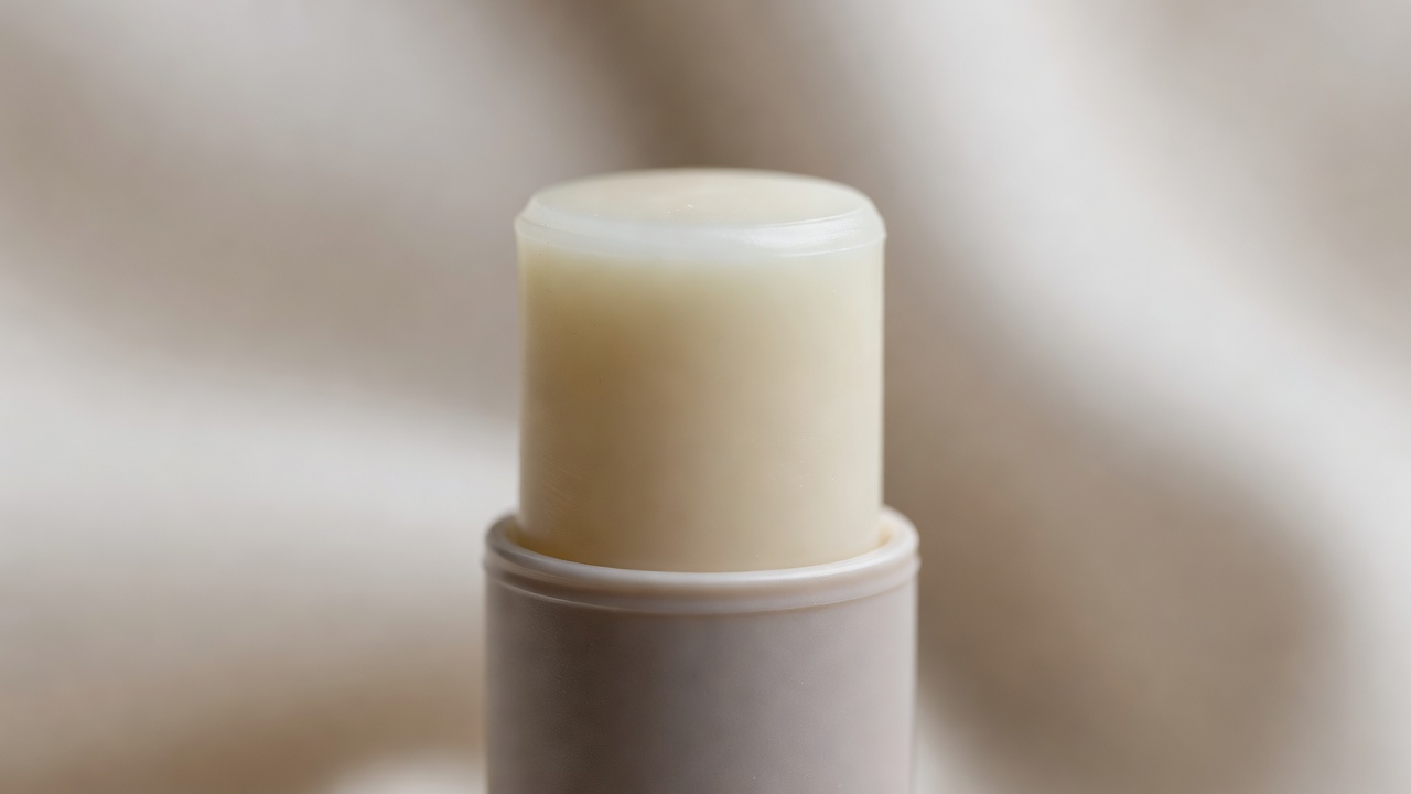 Shallow-focus close-up of a plain lip balm with a smooth, waxy surface